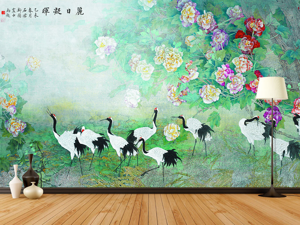 古風(fēng)水墨鶴牡丹花中式背景墻壁畫(huà)